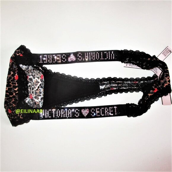 Victoria's Secret Shine Strap Lace V-String Thong Panty M Leopard Roses nwt - Picture 3 of 4